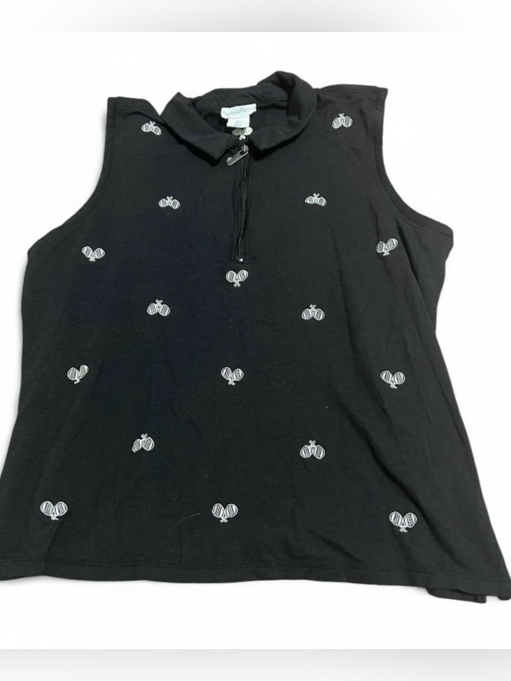 Sigrid Olsen Black Sleeveless Polo Tank with White Embroidered Paddles